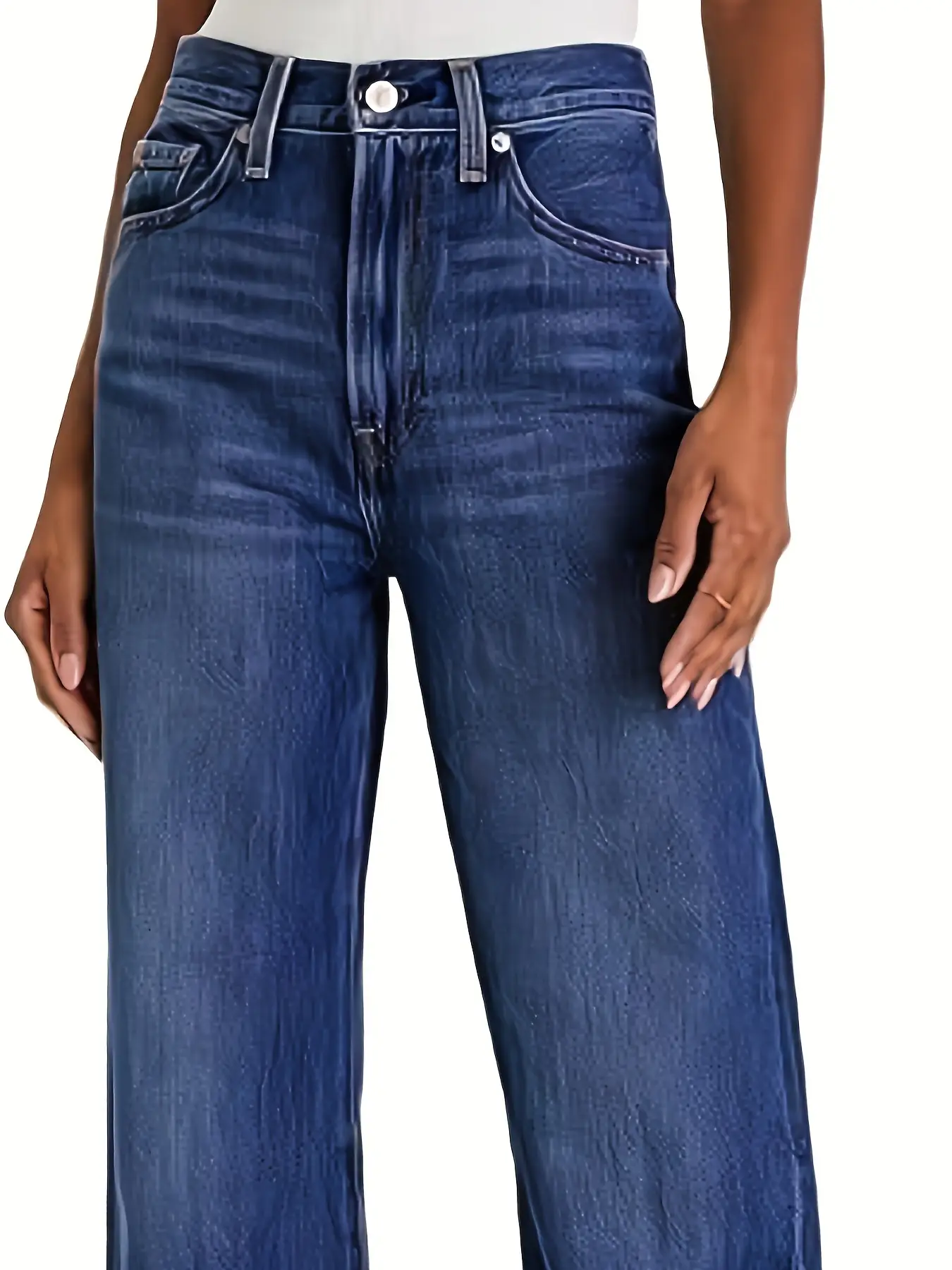 Dark Blue Wide Leg Jeans for Women with Creases Hem