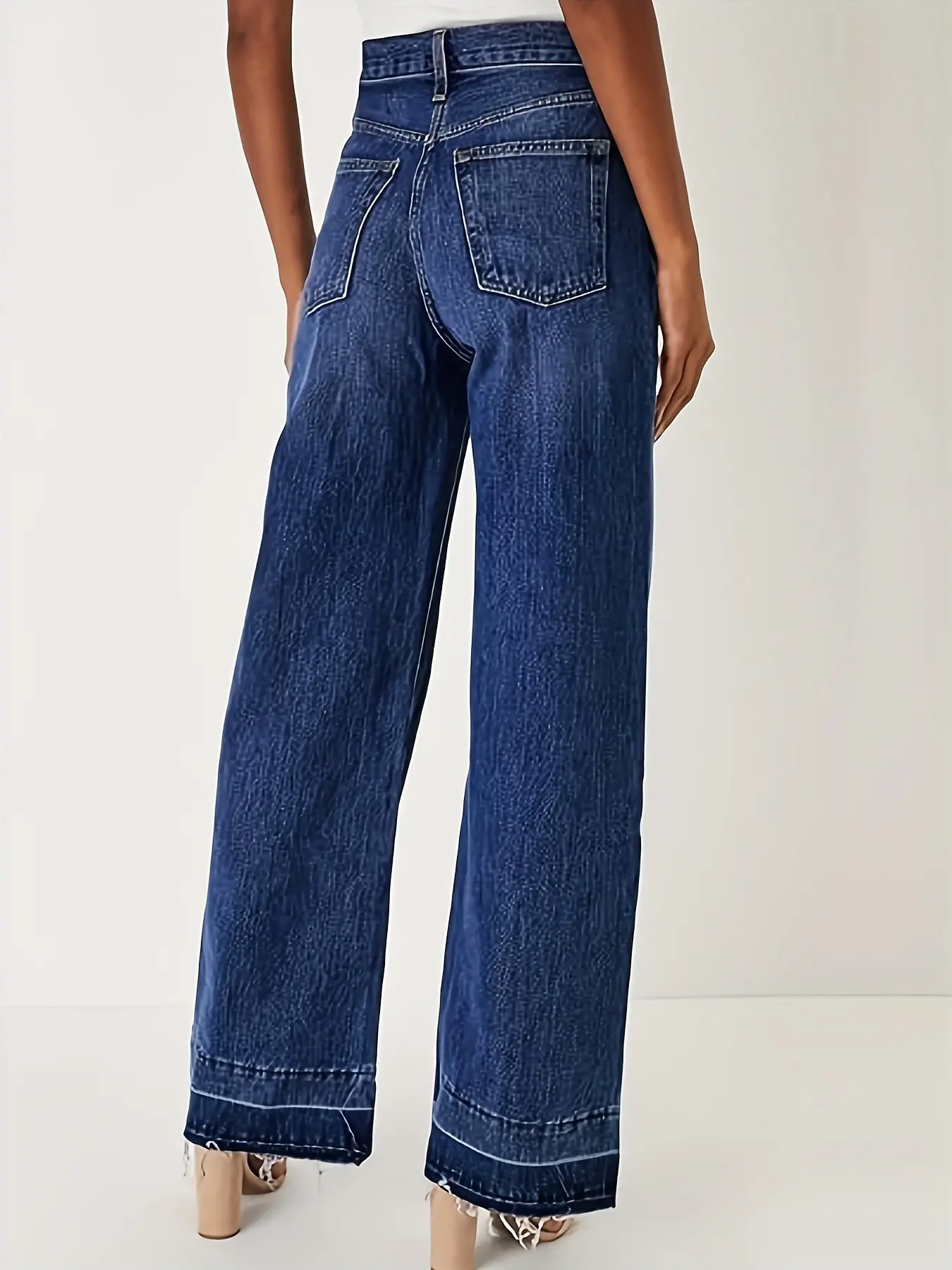 Dark Blue Wide Leg Jeans for Women with Creases Hem