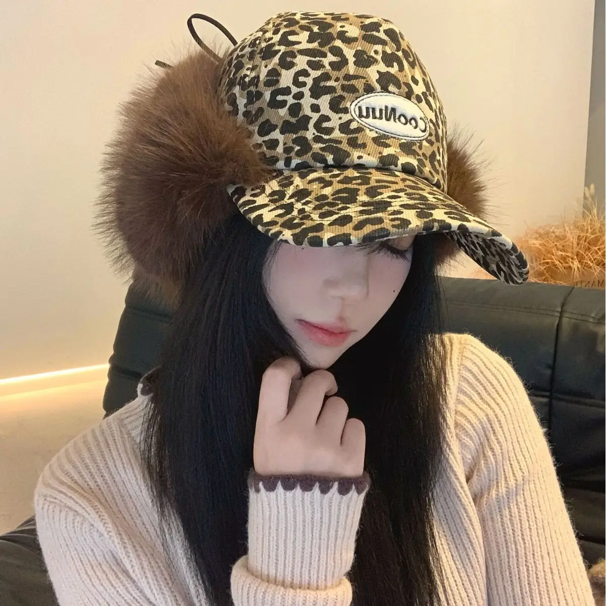 Women Leopard Print Winter Cap with Fur Trim - Image 3