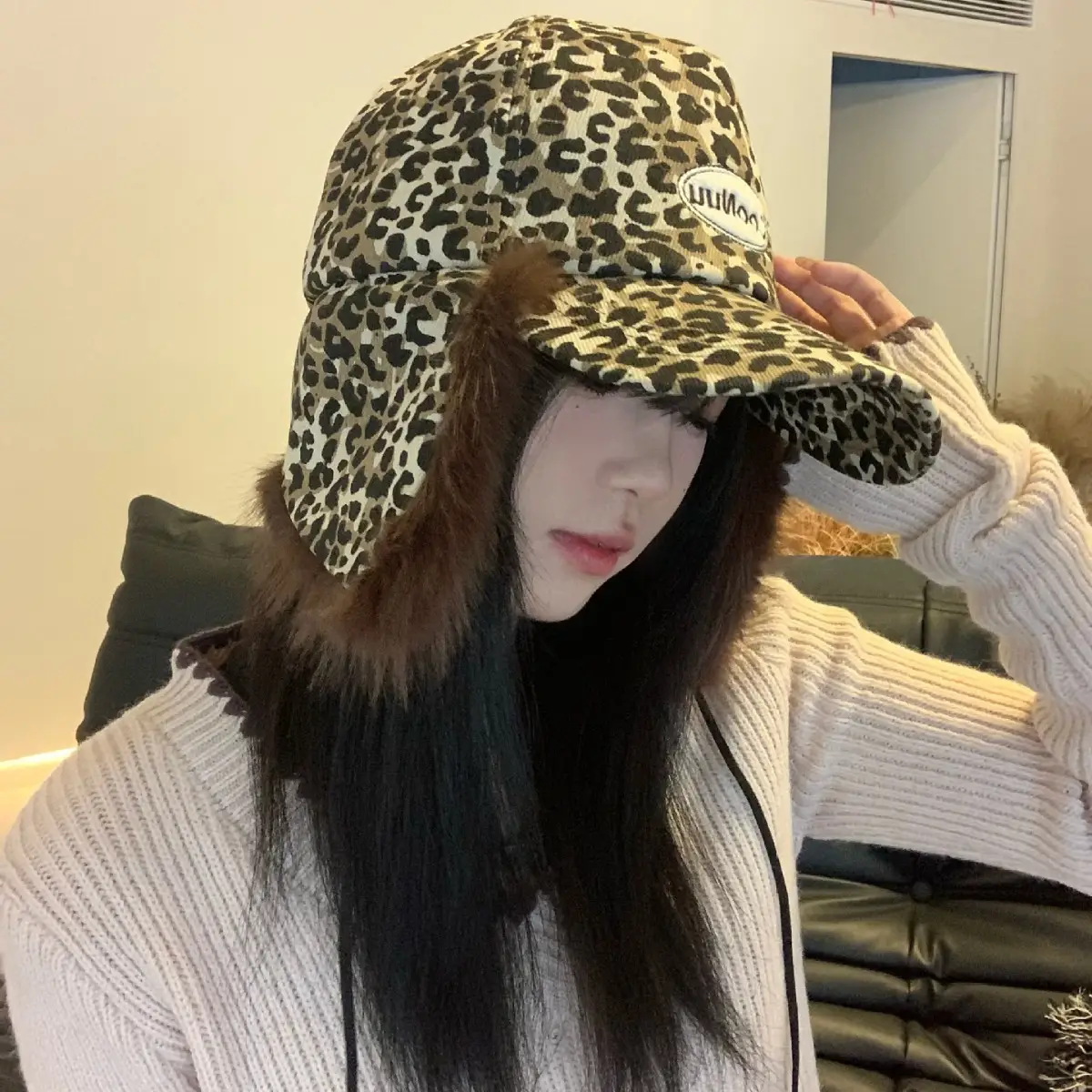 Women Leopard Print Winter Cap with Fur Trim - Image 4