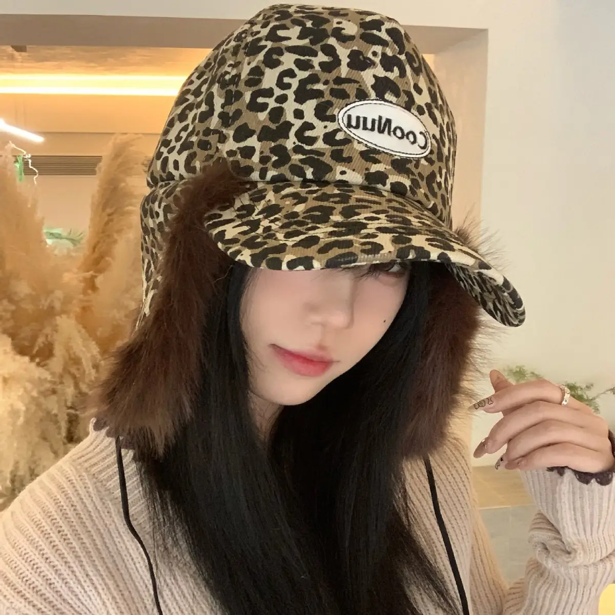 Women Leopard Print Winter Cap with Fur Trim - Image 5
