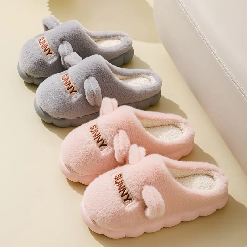 Cute Fleece Lined Cotton Slippers for Women Pink Grey