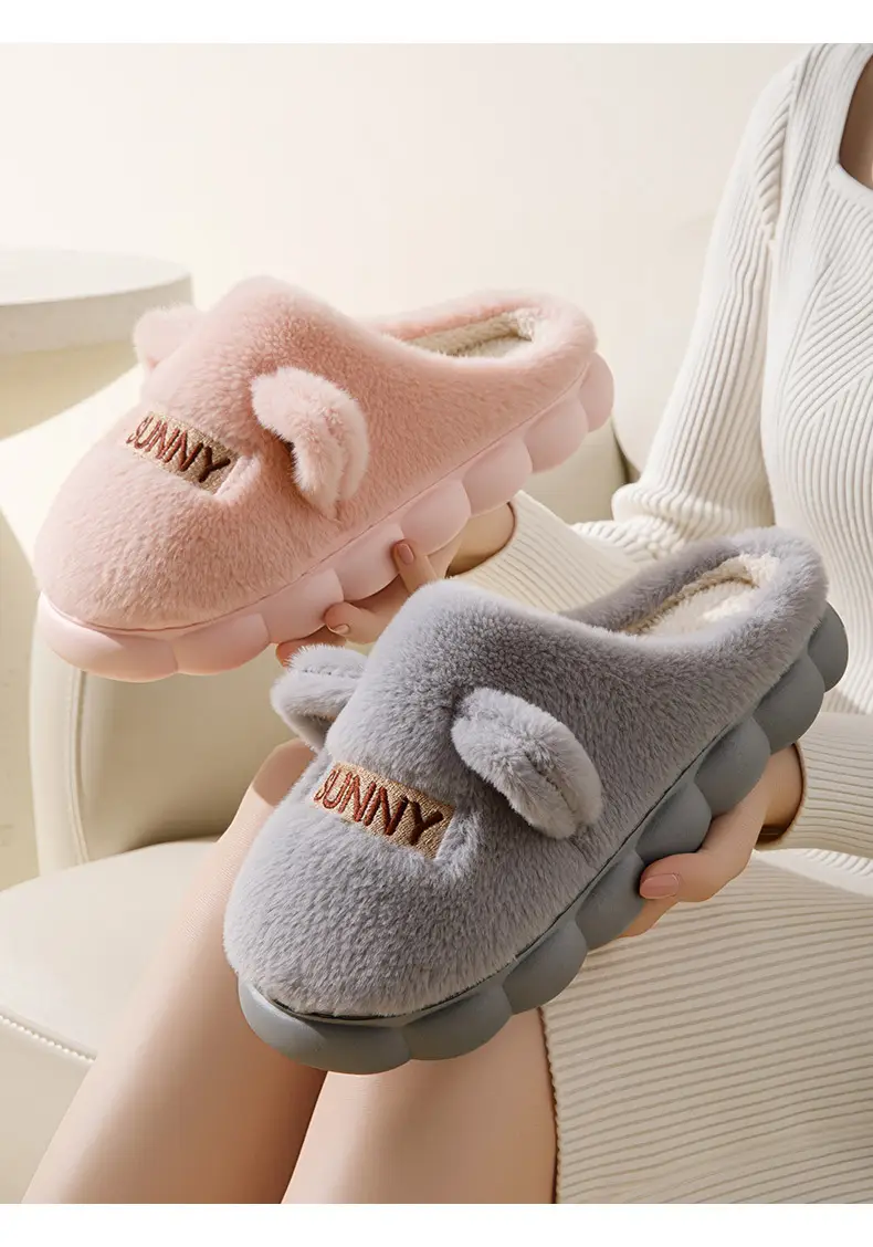 Cute Fleece Lined Cotton Slippers for Women Pink Grey — feature 13