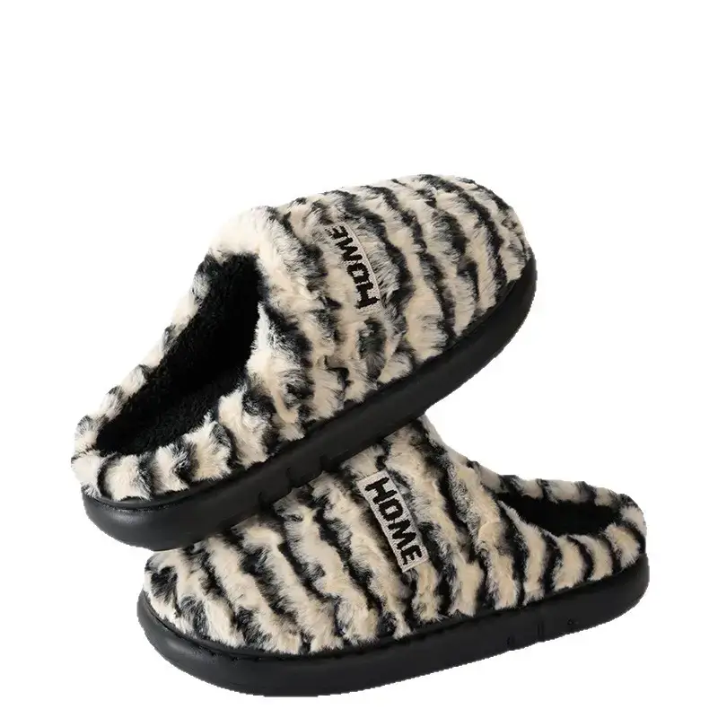 Striped Plush Cotton Slippers for Men 5 New Autumn and Winter Thickeneded Warm Home Indoor Soft-Soled Confinement Shoes for Women