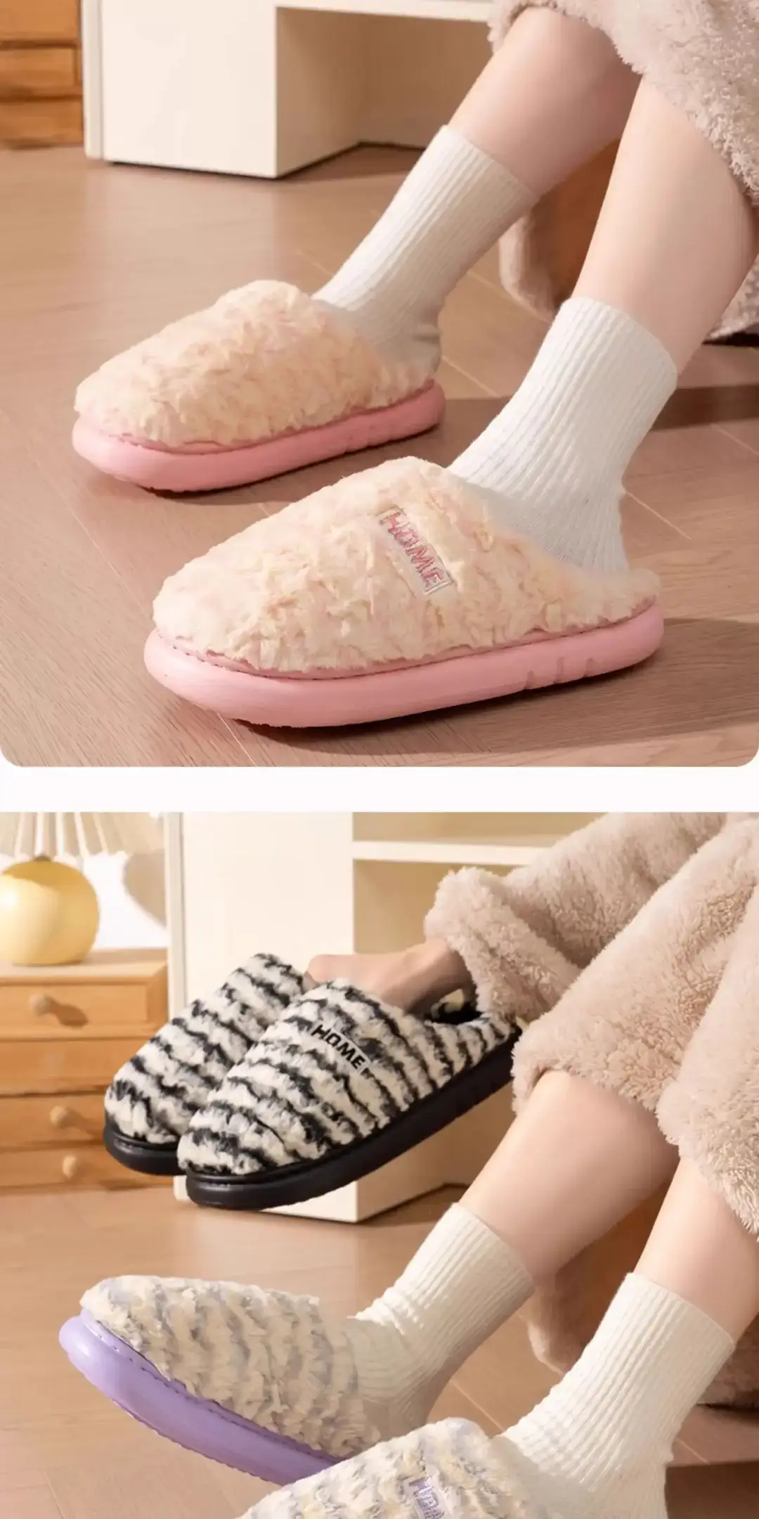 Striped Plush Cotton Slippers for Men 5 New Autumn and Winter Thickeneded Warm Home Indoor Soft-Soled Confinement Shoes for Women — feature 10