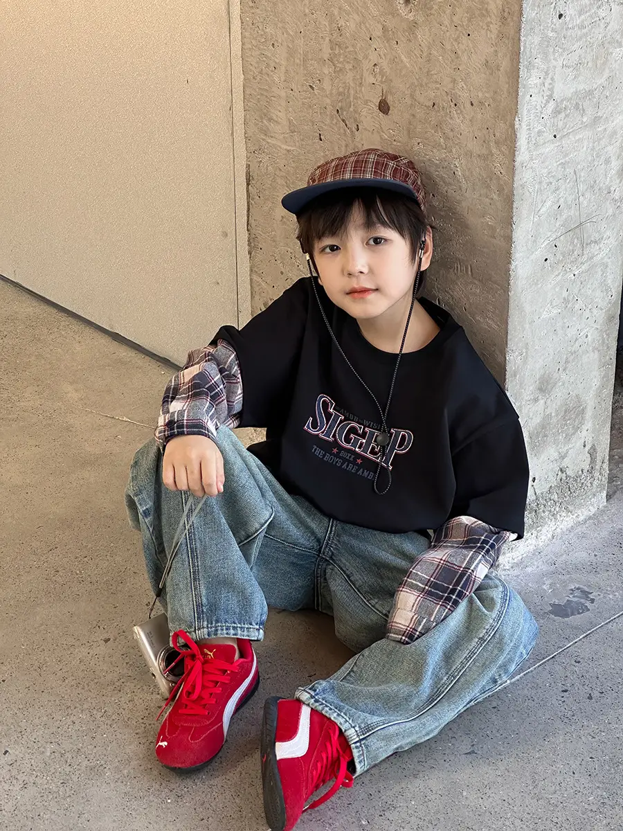 2-Piece Plaid Sleeve T-Shirt for Boys Autumn Wear - Image 3