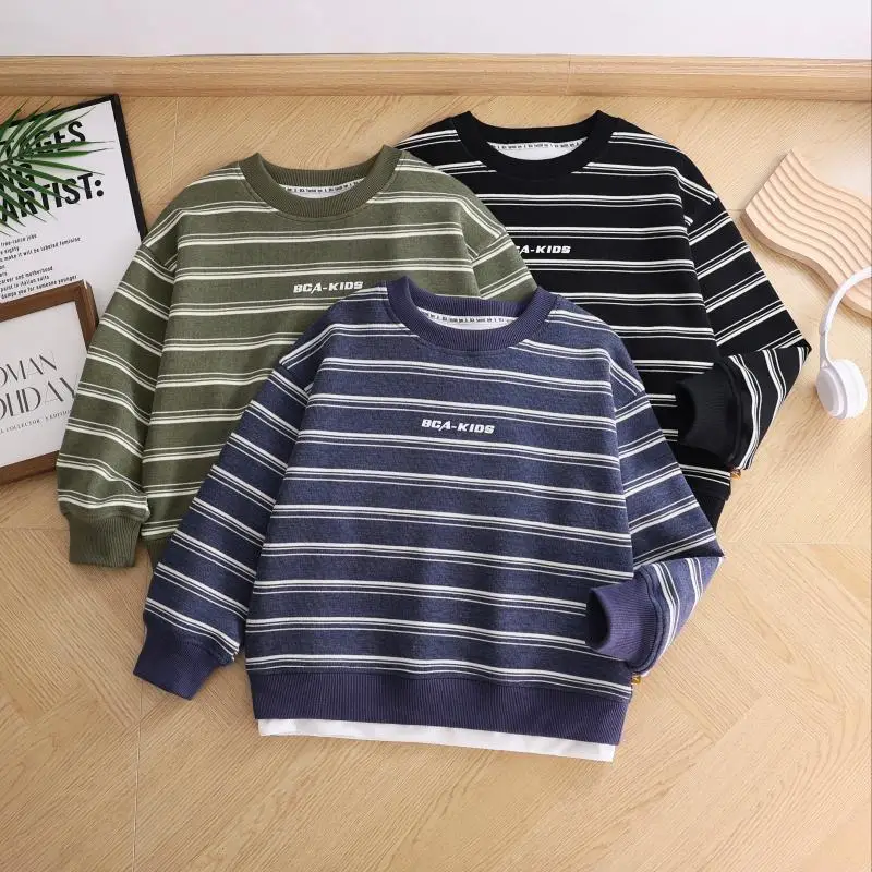 Boys Sweatshirt Autumn Pure Cotton Long Sleeve Striped Blue White