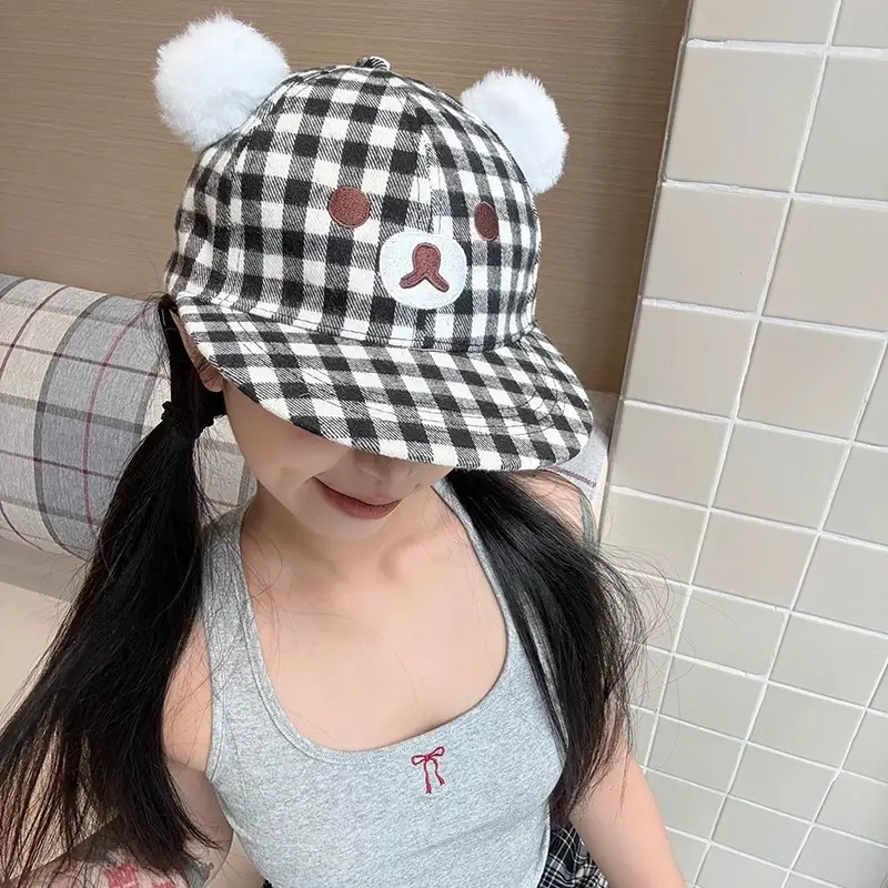 Women Duckbill Cap Black White Plaid Large Head - Image 2