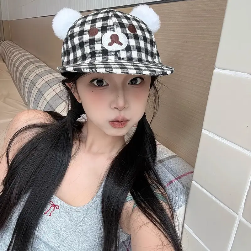 Women Duckbill Cap Black White Plaid Large Head - Image 3