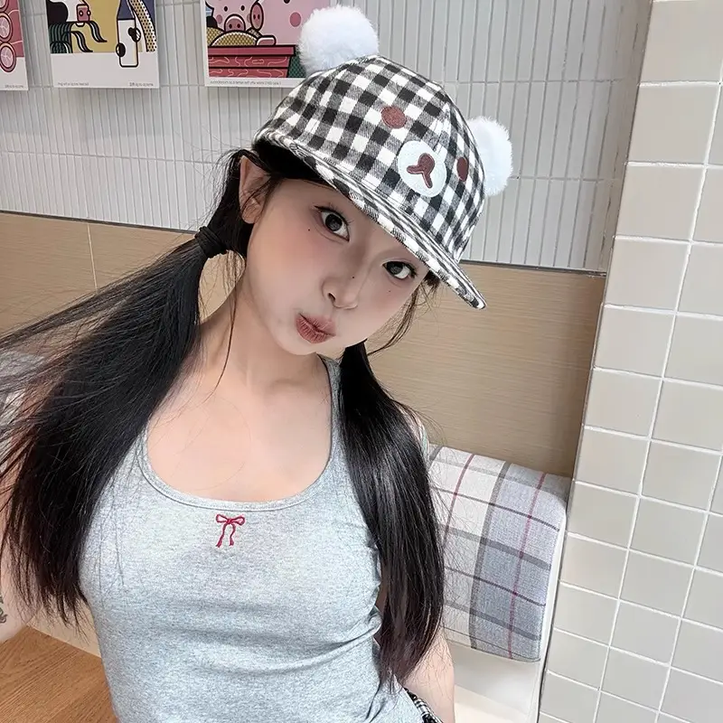 Women Duckbill Cap Black White Plaid Large Head - Image 4