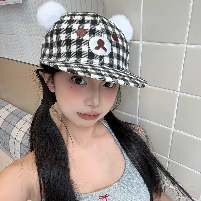 Women Duckbill Cap Black White Plaid Large Head - Image 5