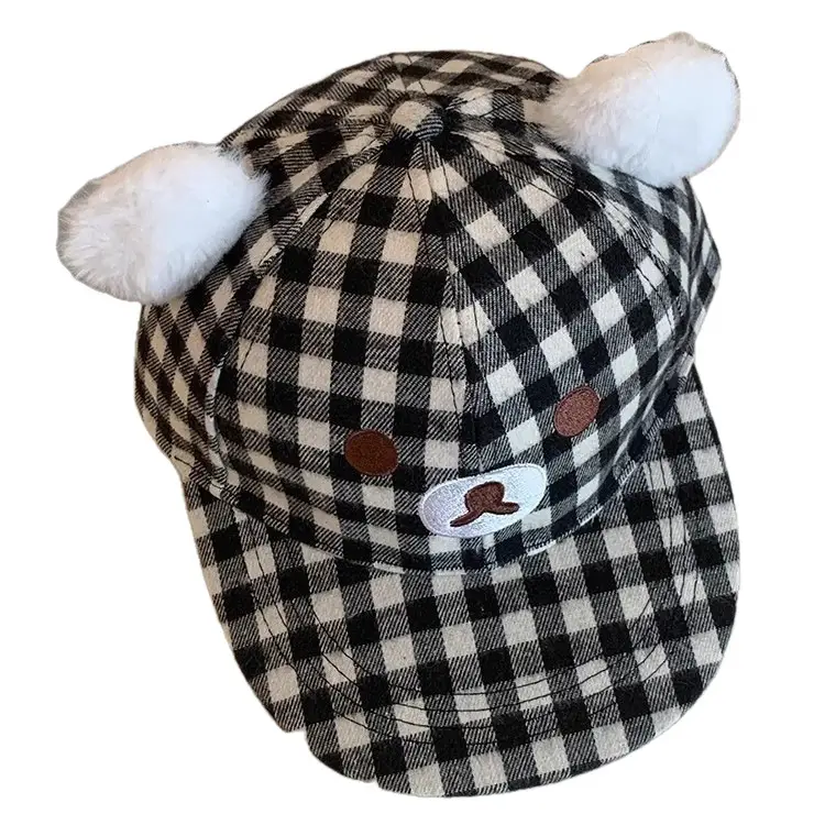 Women Duckbill Cap Black White Plaid Large Head - Image 6