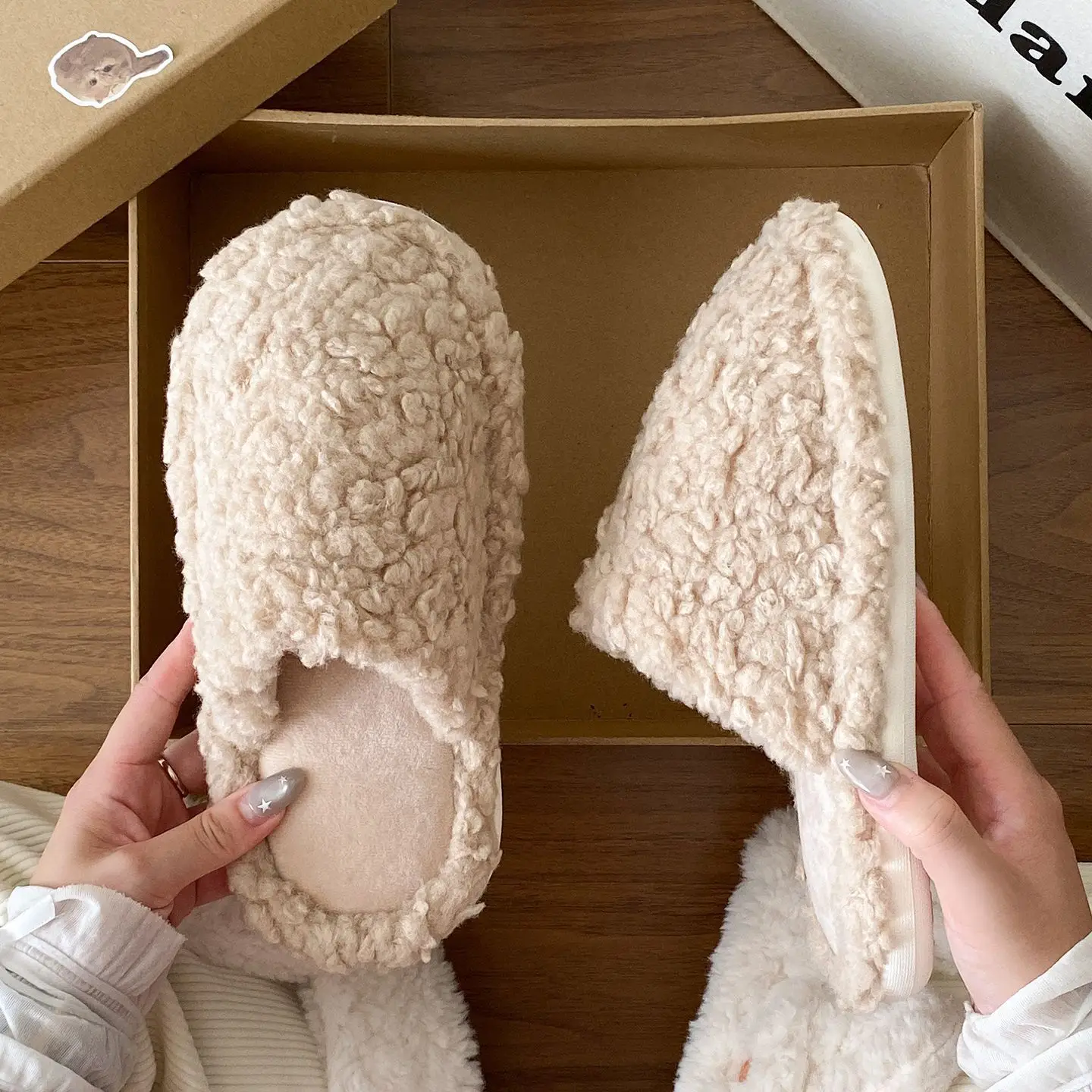 White Wool Fluffy Slippers for Women Winter Comfort