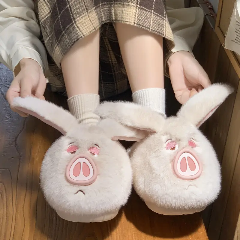 Cute Cotton Slippers for Women 2025 New Winter Warm Anti-Slip Fleece-Lined Thickeneded Furry Flying Pig Slippers Autumn - Image 6