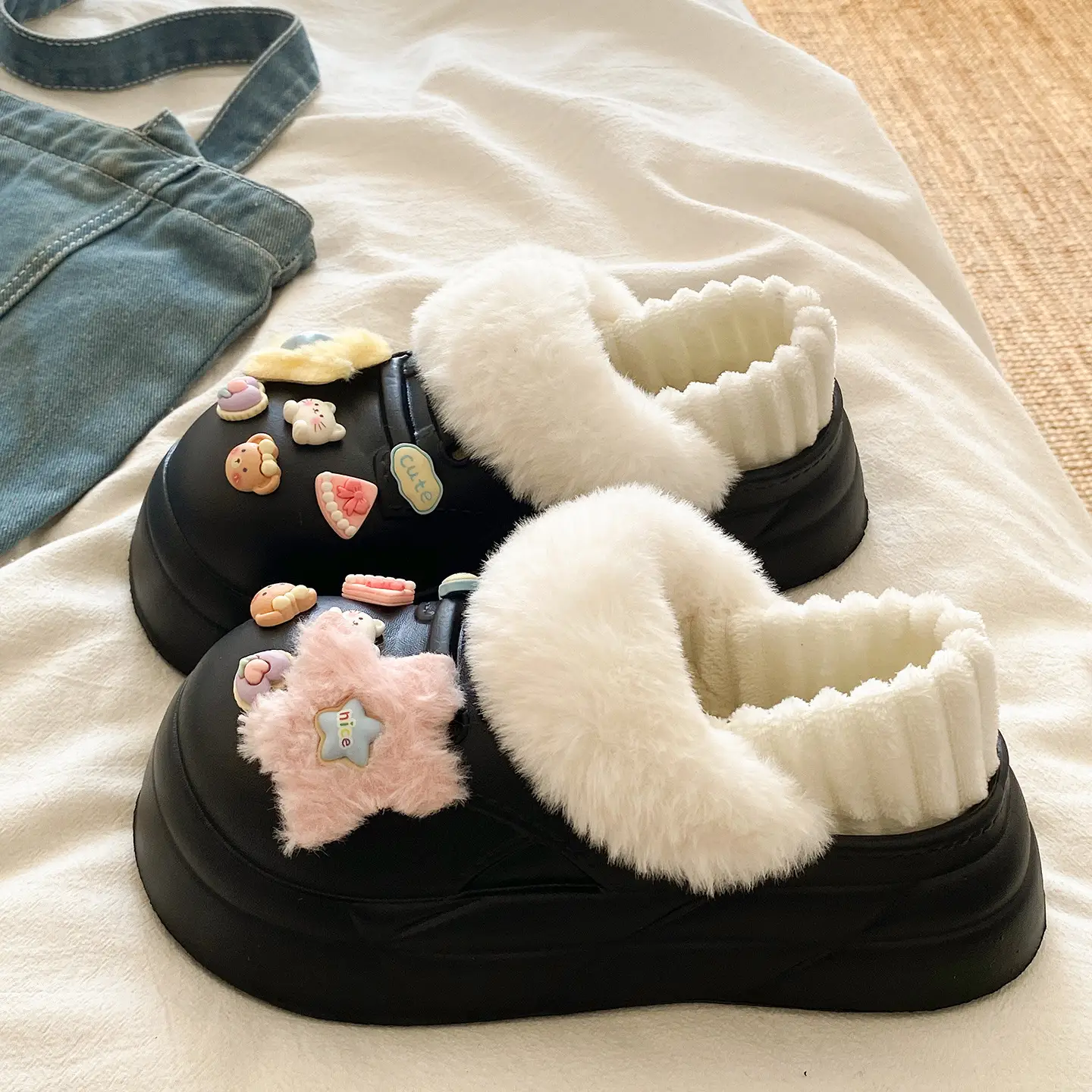 2025 Warm Winter Slippers Black with Faux Fur Lining