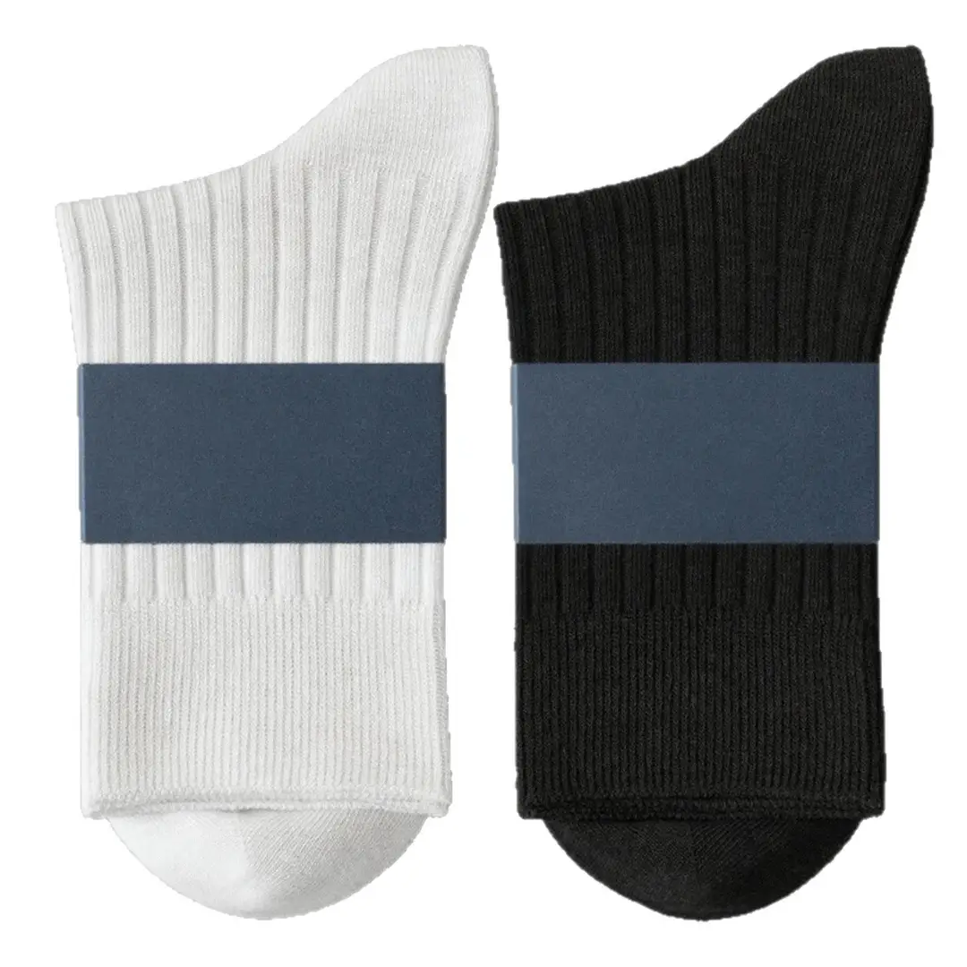 Men's Thickeneded Double-Needle Cotton Autumn and Winter Sweat-Absorbent and Deodorant Cotton White and Black Pure Color Business Mid-Calf Long Socks Pure Cotton