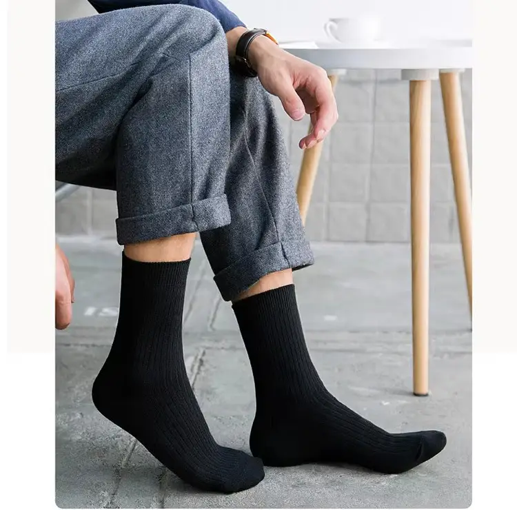 Men's Thickeneded Double-Needle Cotton Autumn and Winter Sweat-Absorbent and Deodorant Cotton White and Black Pure Color Business Mid-Calf Long Socks Pure Cotton — feature 18