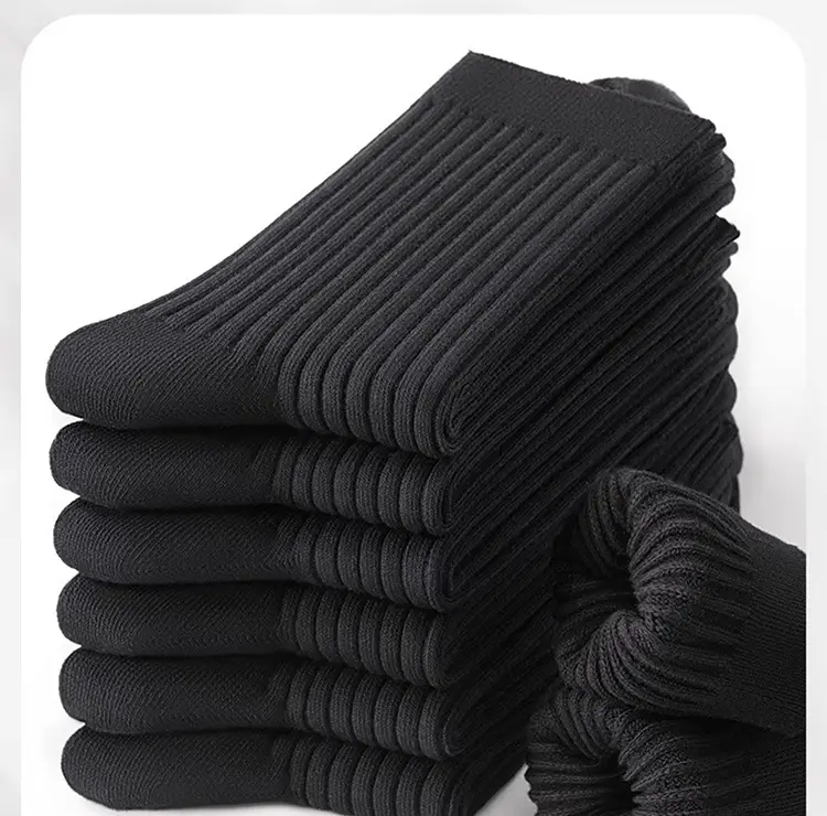 Men's Thickeneded Double-Needle Cotton Autumn and Winter Sweat-Absorbent and Deodorant Cotton White and Black Pure Color Business Mid-Calf Long Socks Pure Cotton — feature 3