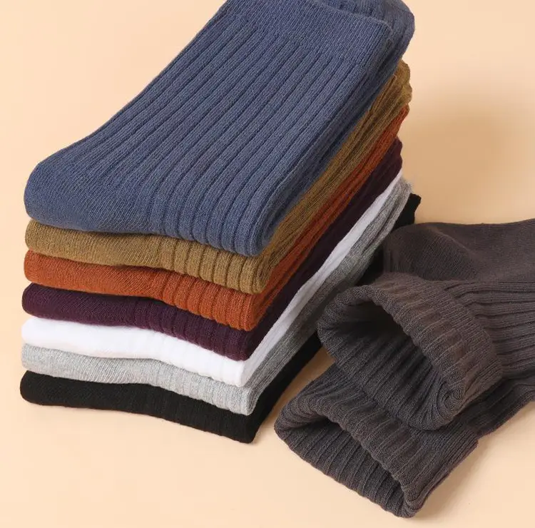 Men's Thickeneded Double-Needle Cotton Autumn and Winter Sweat-Absorbent and Deodorant Cotton White and Black Pure Color Business Mid-Calf Long Socks Pure Cotton — feature 7