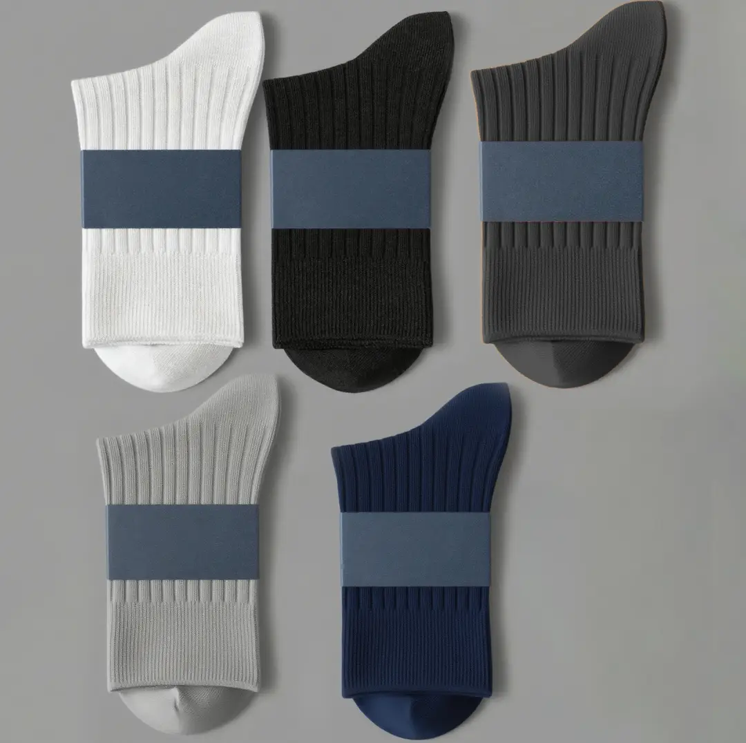 Men's Thickeneded Double-Needle Cotton Autumn and Winter Sweat-Absorbent and Deodorant Cotton White and Black Pure Color Business Mid-Calf Long Socks Pure Cotton