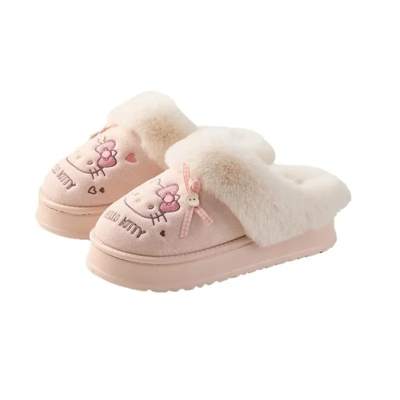 Qidan Shoe Factory Genuine Kt Cat Cotton Slippers Women's Autumn and Winter Cute Home Fleece-Lined Warm Outer Wear Furry Slippers