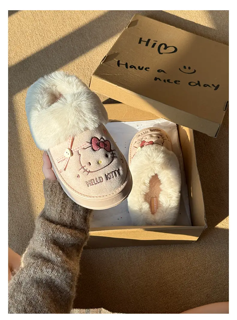 Qidan Shoe Factory Genuine Kt Cat Cotton Slippers Women's Autumn and Winter Cute Home Fleece-Lined Warm Outer Wear Furry Slippers — feature 8