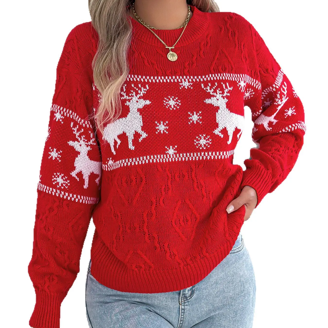 Women's Deer Pattern Long Sleeve Sweater Red Green - Image 5