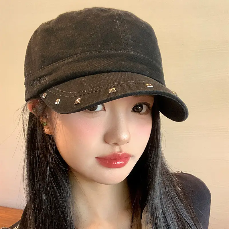 Women Black Duckbill Cap with Studded Details - Image 8