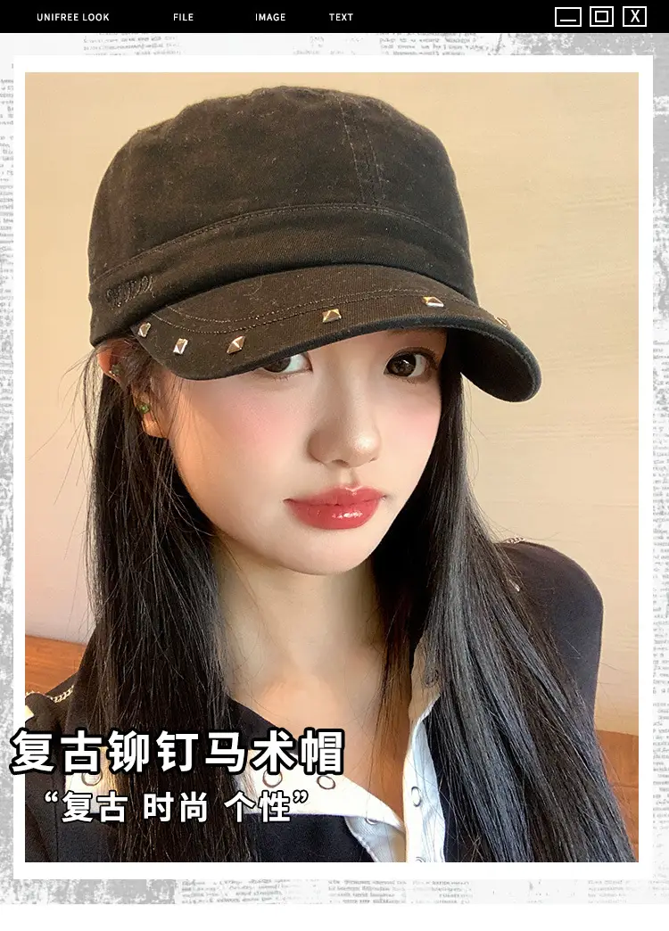 Women Black Duckbill Cap with Studded Details — feature 8