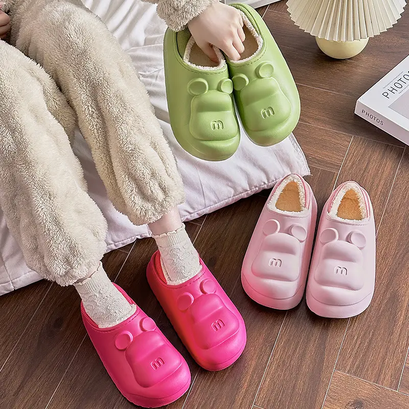 Cute M Bear Plus Velvet Cotton Slippers Pink Green - Image 7
