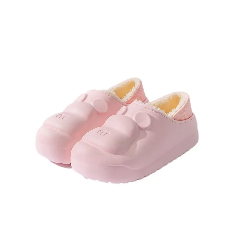 Cute M Bear Plus Velvet Cotton Slippers Pink Green - Image 8