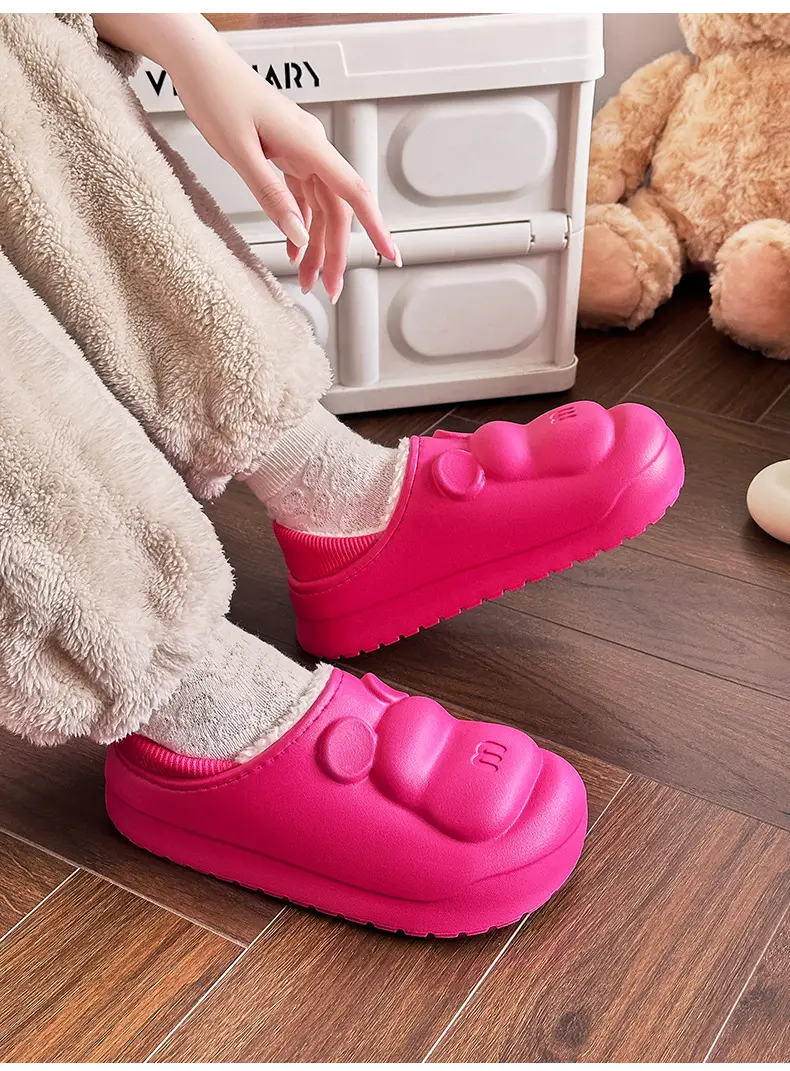 Cute M Bear Plus Velvet Cotton Slippers Pink Green — feature 16