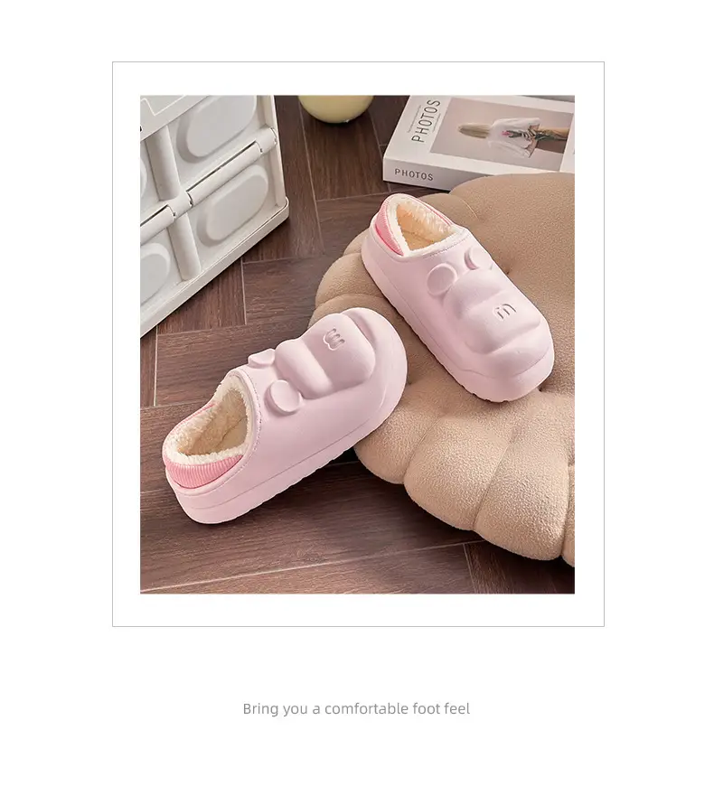 Cute M Bear Plus Velvet Cotton Slippers Pink Green — feature 17
