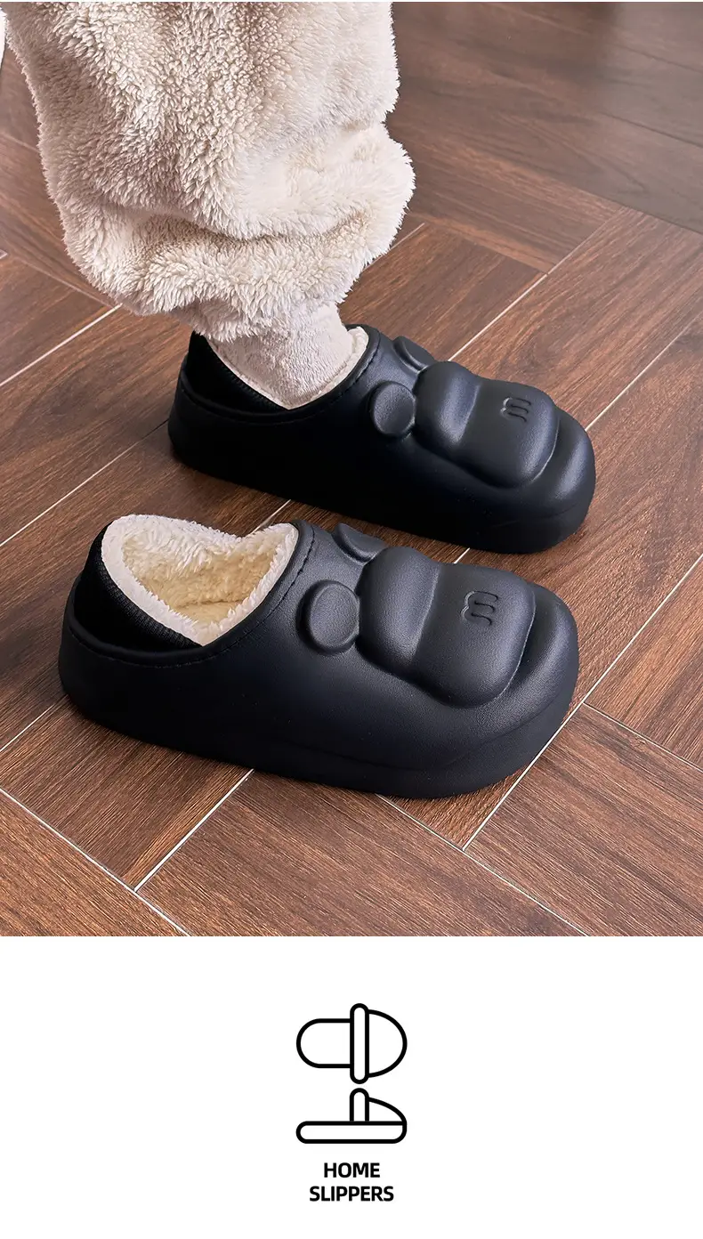 Cute M Bear Plus Velvet Cotton Slippers Pink Green — feature 18