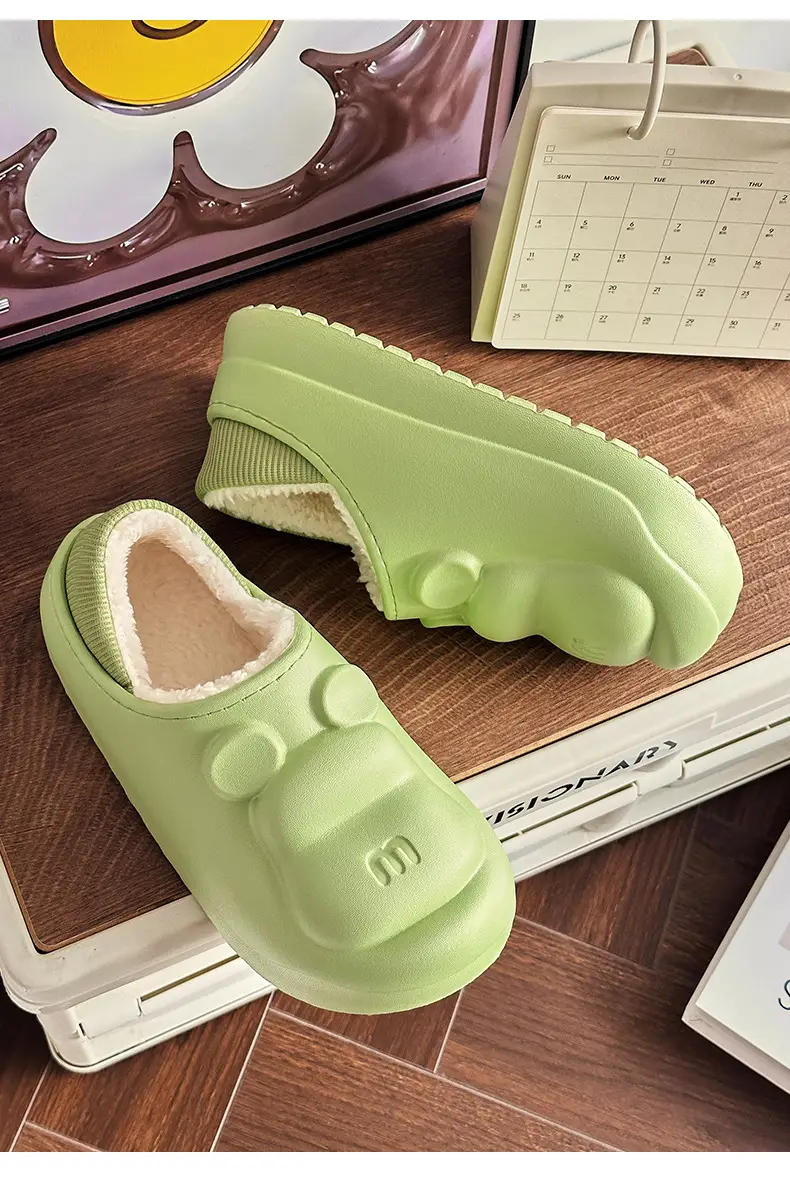 Cute M Bear Plus Velvet Cotton Slippers Pink Green — feature 5