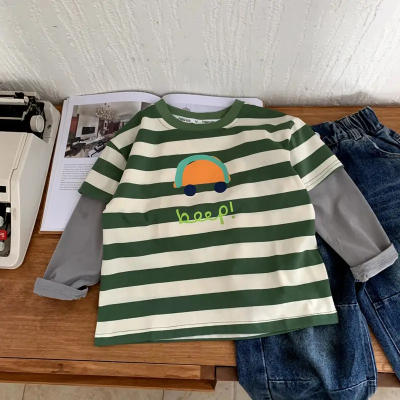 Boys Long Sleeve Striped T-Shirt Green White 2025 — feature 2