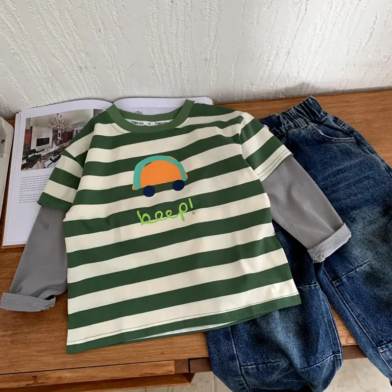 Boys Long Sleeve Striped T-Shirt Green White 2025 — feature 3