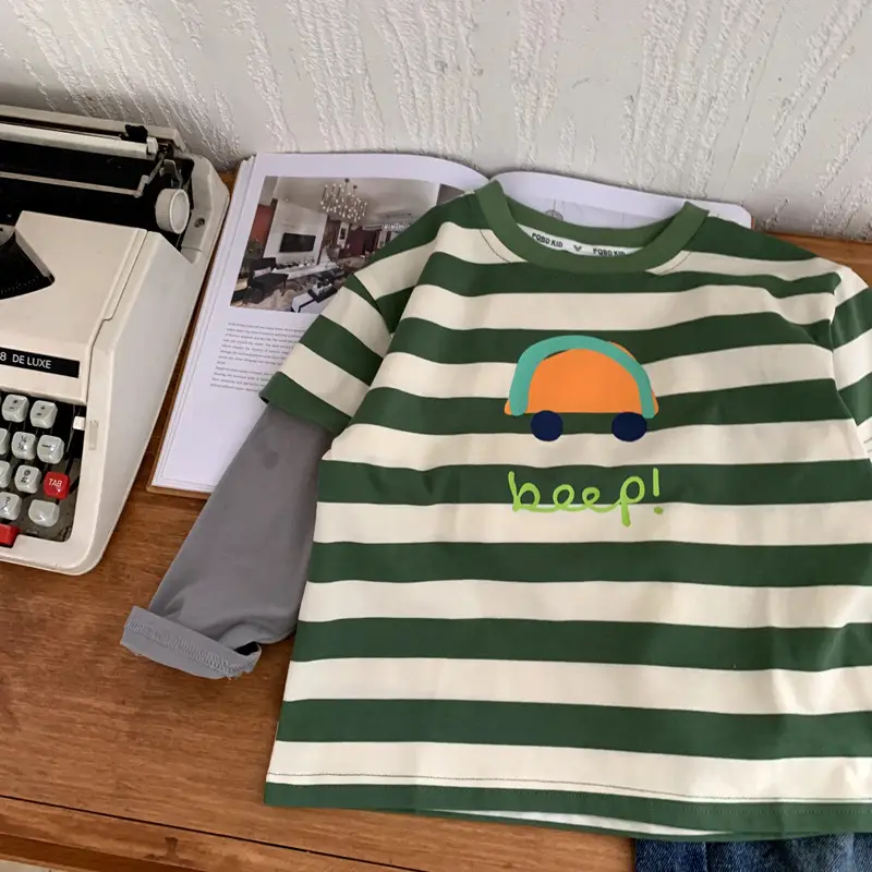 Boys Long Sleeve Striped T-Shirt Green White 2025 — feature 4