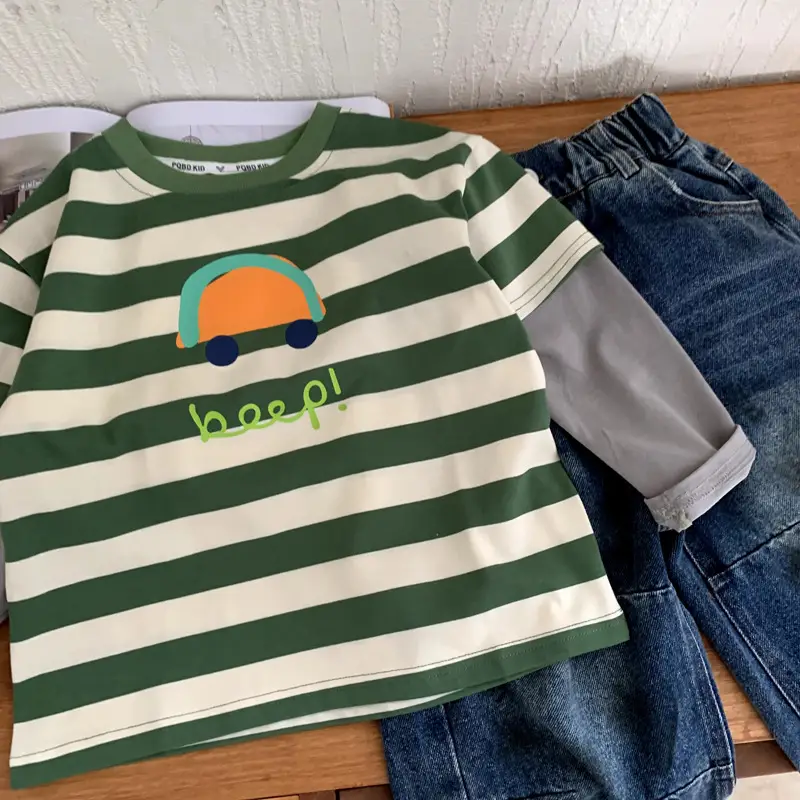 Boys Long Sleeve Striped T-Shirt Green White 2025 — feature 5