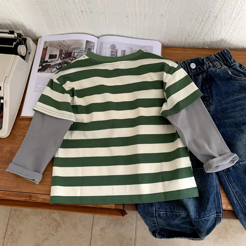 Boys Long Sleeve Striped T-Shirt Green White 2025 — feature 9