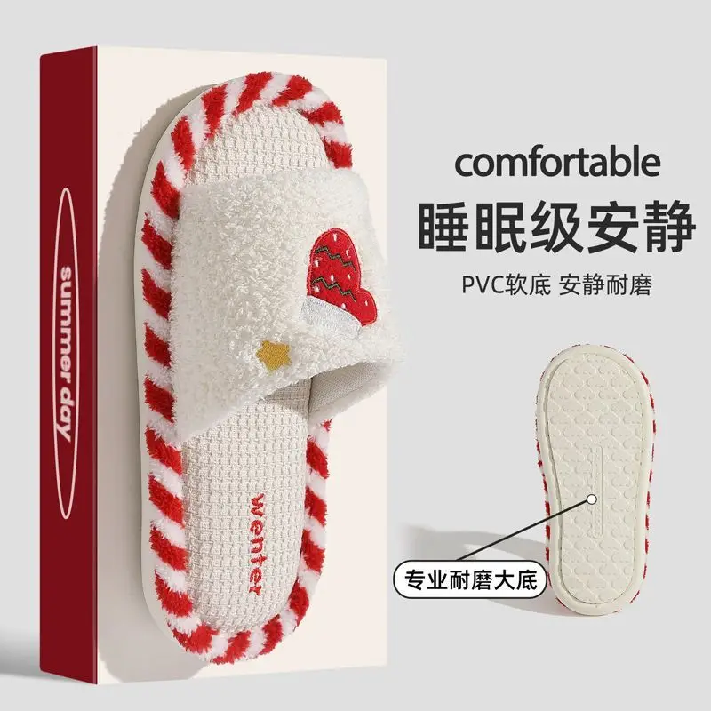 Cute Christmas Cotton Slippers for Women, New Autumn and Winter Models, Fleece-Lined and Thickened, Indoor Home Cotton Shoes Wholesale