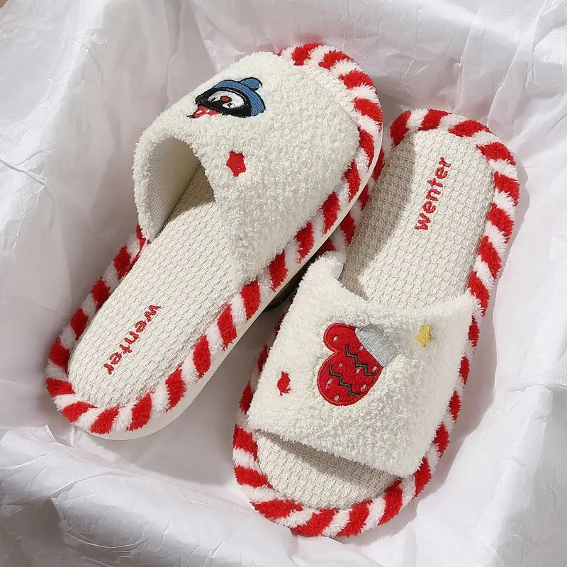 Cute Christmas Cotton Slippers for Women, New Autumn and Winter Models, Fleece-Lined and Thickened, Indoor Home Cotton Shoes Wholesale