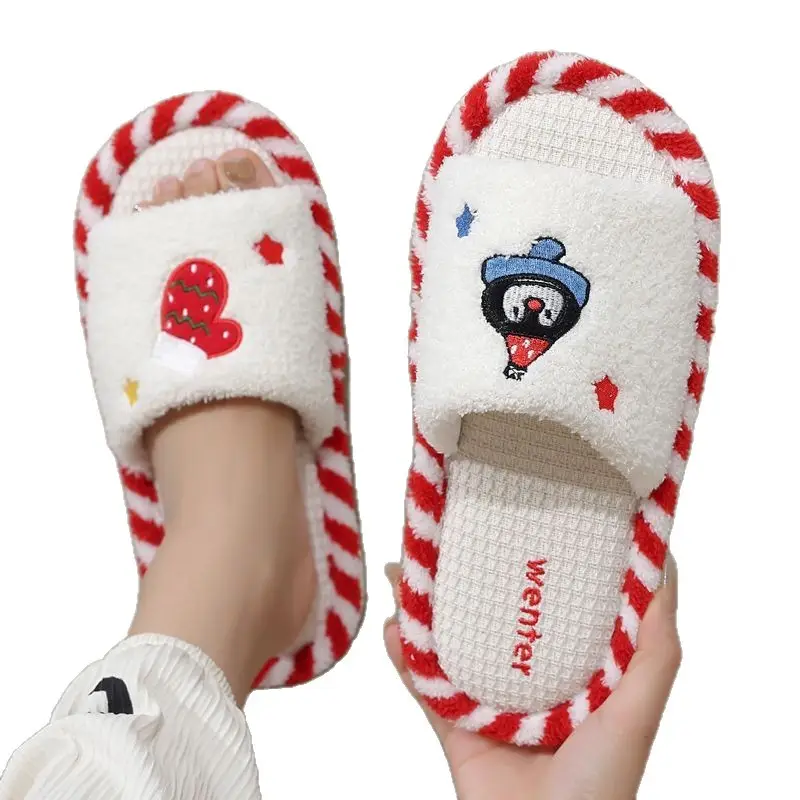 Cute Christmas Cotton Slippers for Women, New Autumn and Winter Models, Fleece-Lined and Thickened, Indoor Home Cotton Shoes Wholesale