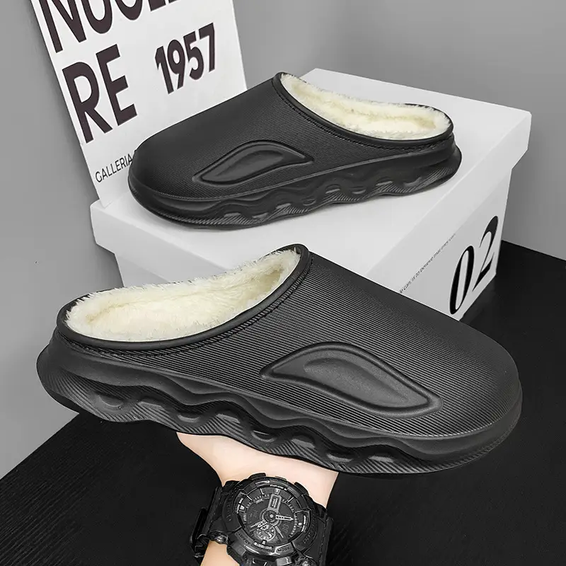 Cotton Slippers for Men in Winter Indoor Home Fleece-Lined Warm Outer Wear Waterproof Non-Slip Cotton Shoes Large Size Slippers