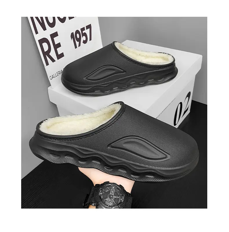 Cotton Slippers for Men in Winter Indoor Home Fleece-Lined Warm Outer Wear Waterproof Non-Slip Cotton Shoes Large Size Slippers — feature 23