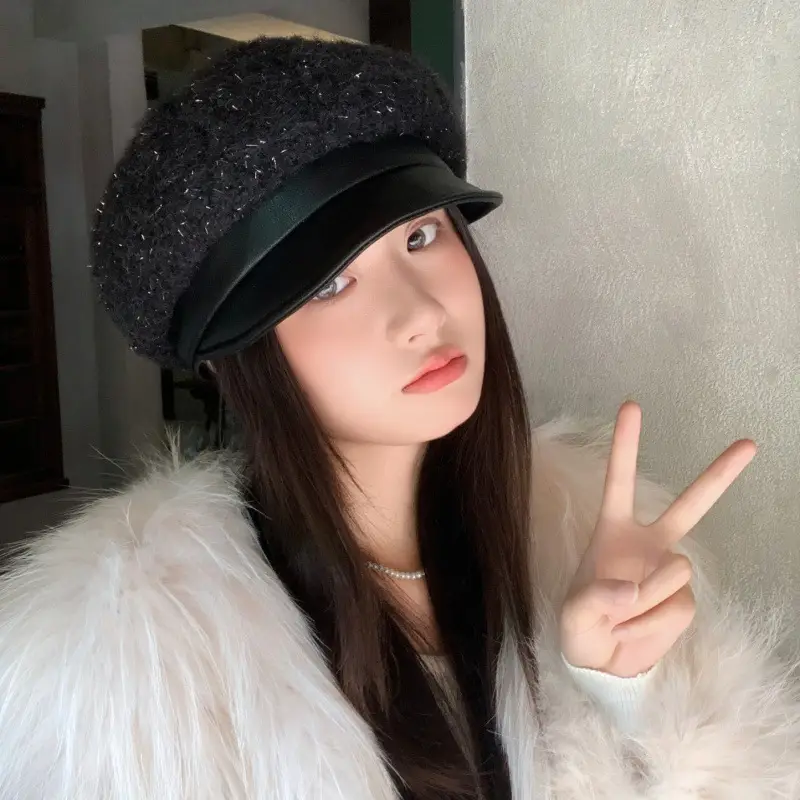 Korean Style Plush Leather Cap for Women
