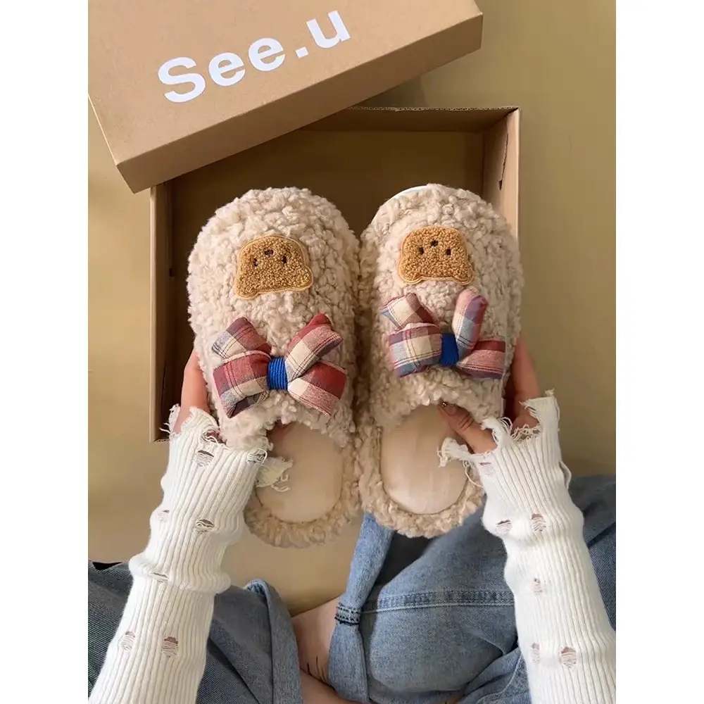 2025 Cartoon Women's Warm Cotton Slippers with Ribbon Bear - Image 8