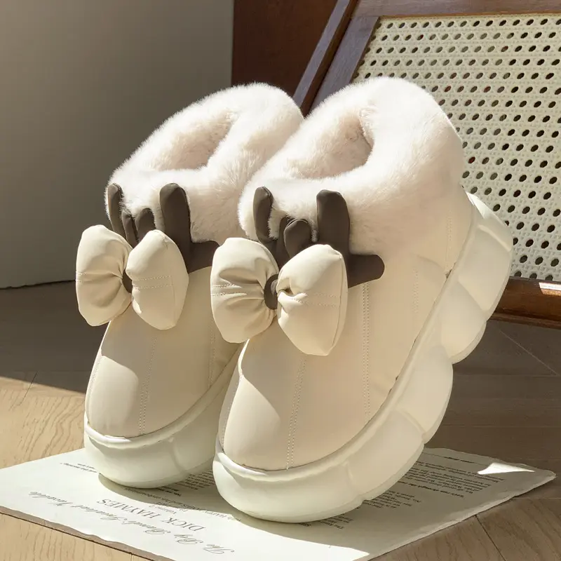 Women's Cute Bow Antler Fleece Snow Boots Cream