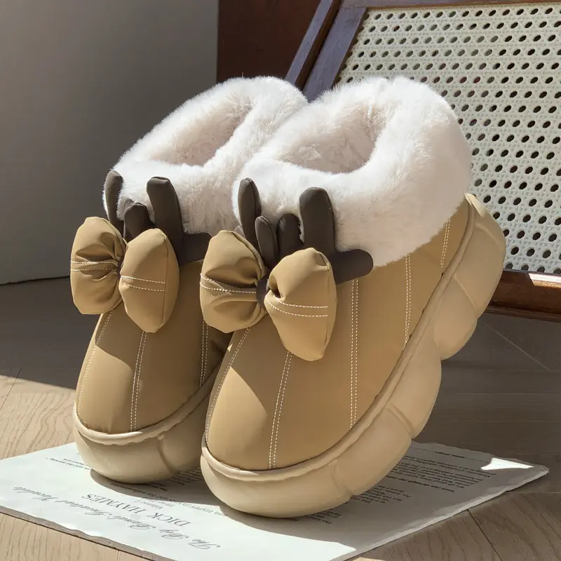 Women's Cute Bow Antler Fleece Snow Boots Cream