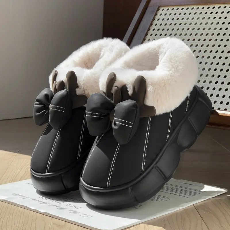 Women's Cute Bow Antler Fleece Snow Boots Cream